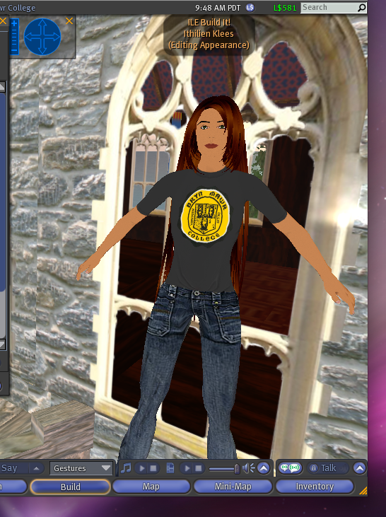 This is how I usually walk around in Second Life, advertising my affinity to Bryn Mawr and indulging in my fantasy of having ridiculously long hair.